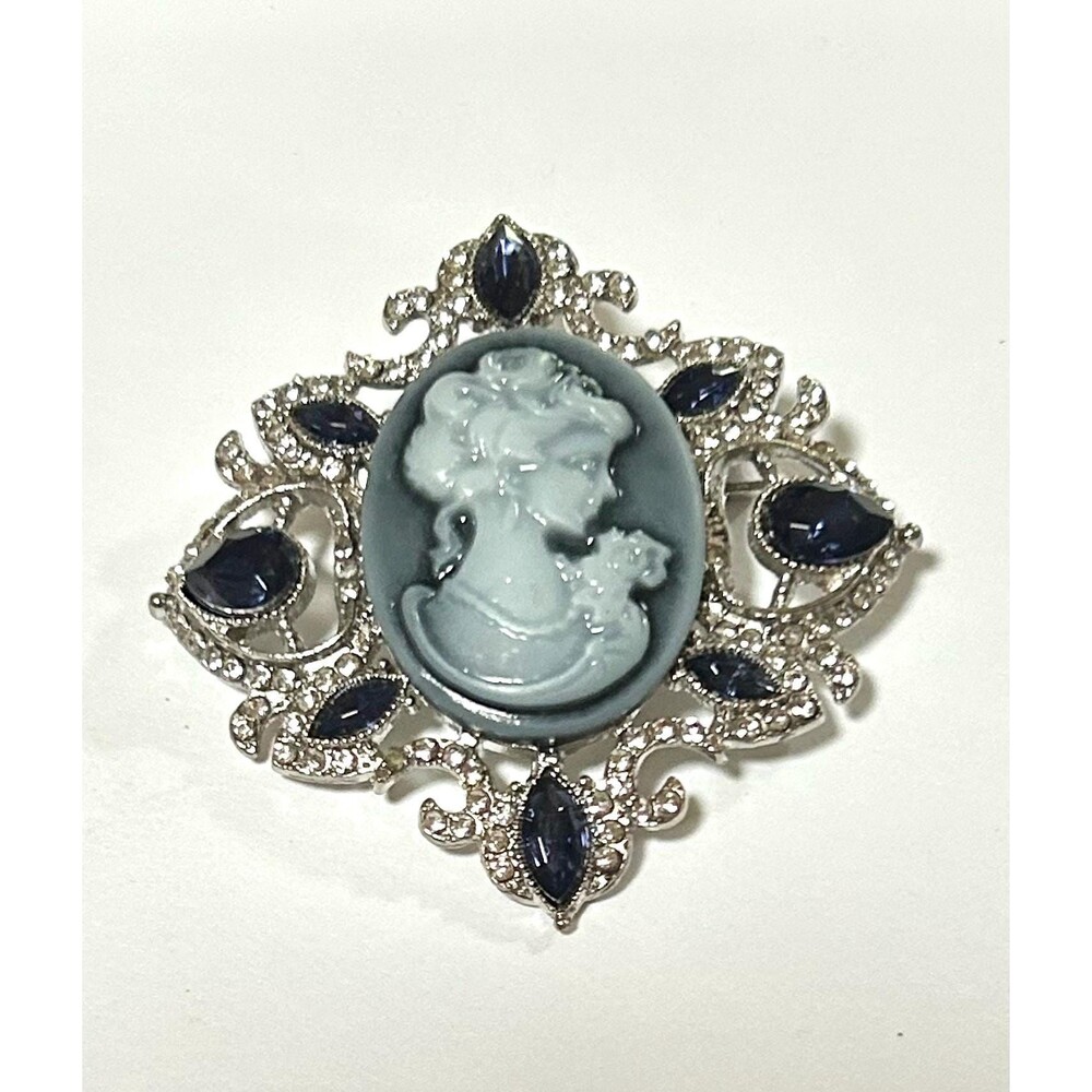 Cameo Brooch with Blue Rhinestones - Gothic Style Vintage Pin